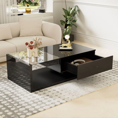 Coffee Table, Glass Top with LED, 41.5" L x 21.5" W x 12.5" H, Black Coffee Tables at Gallery Canada
