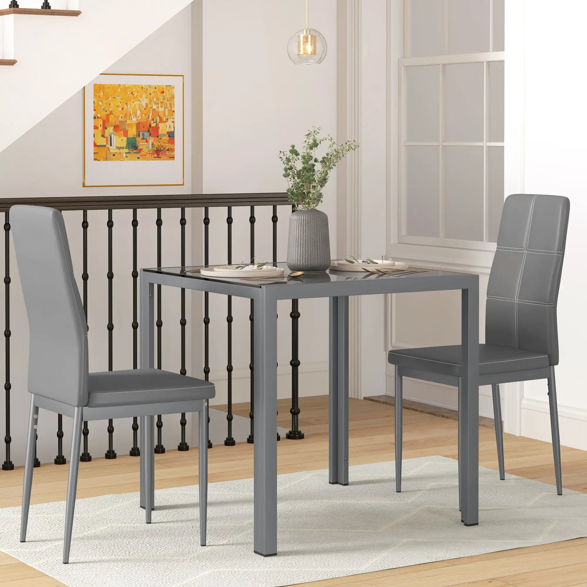 3-Piece Rectangular Glass Dining Table, Metal Frame, Faux Leather Chairs, Grey Bar Sets at Gallery Canada