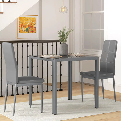 3-Piece Rectangular Glass Dining Table, Metal Frame, Faux Leather Chairs, Grey