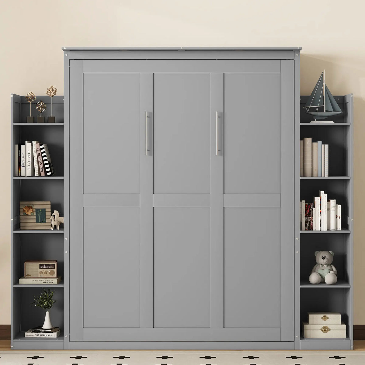 Murphy Bed with Shelves, LED Lights, 97.5" L x 84.5" W x 88.5" H, Grey Bed Frames at Gallery Canada