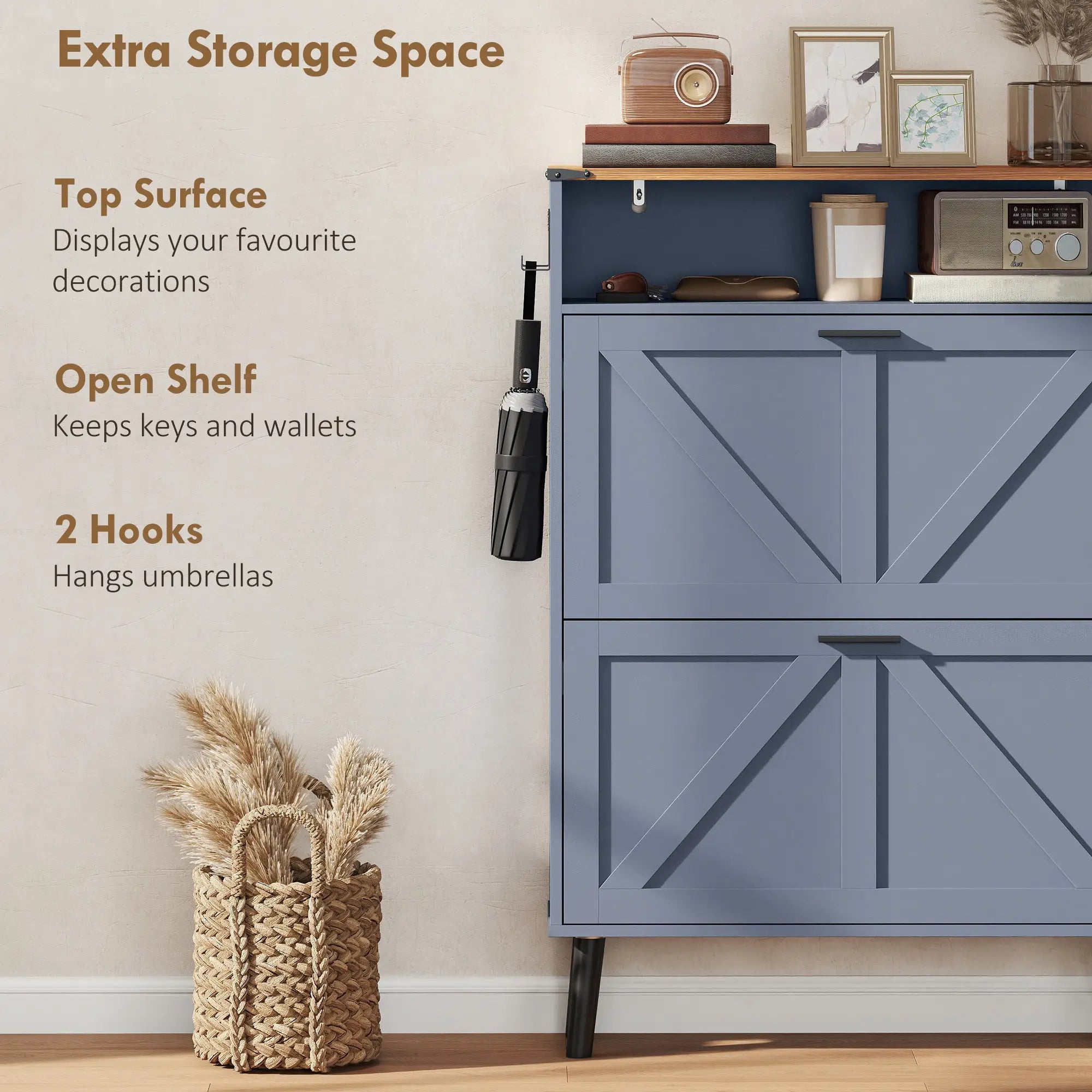 Shoe Storage Cabinet, 2 Flip Drawers, Farmhouse Narrow, Holds 16 Pairs, Blue Shoe Storage Cabinets & Racks at Gallery Canada