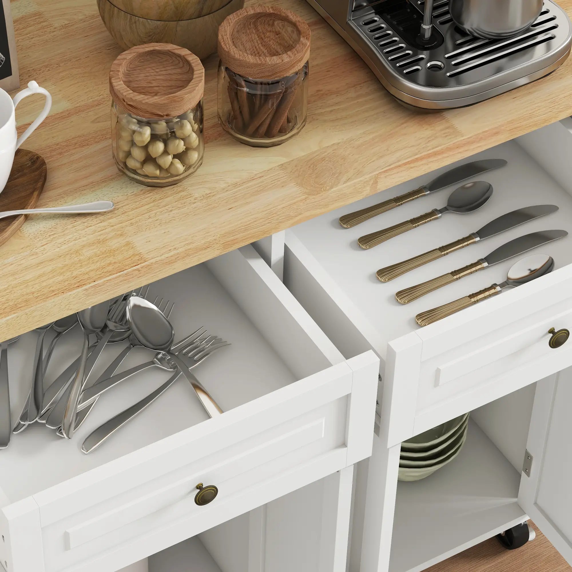 Kitchen Island with Storage, Rolling Cart, Rubber Wood Top, Cream White Kitchen Islands & Kitchen Carts at Gallery Canada
