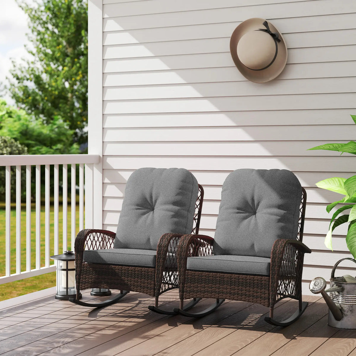 Outdoor Wicker Rattan Rocking Chair Set of 2, Patio Rocker with Cushions, Grey Outdoor Rocking Chairs at Gallery Canada