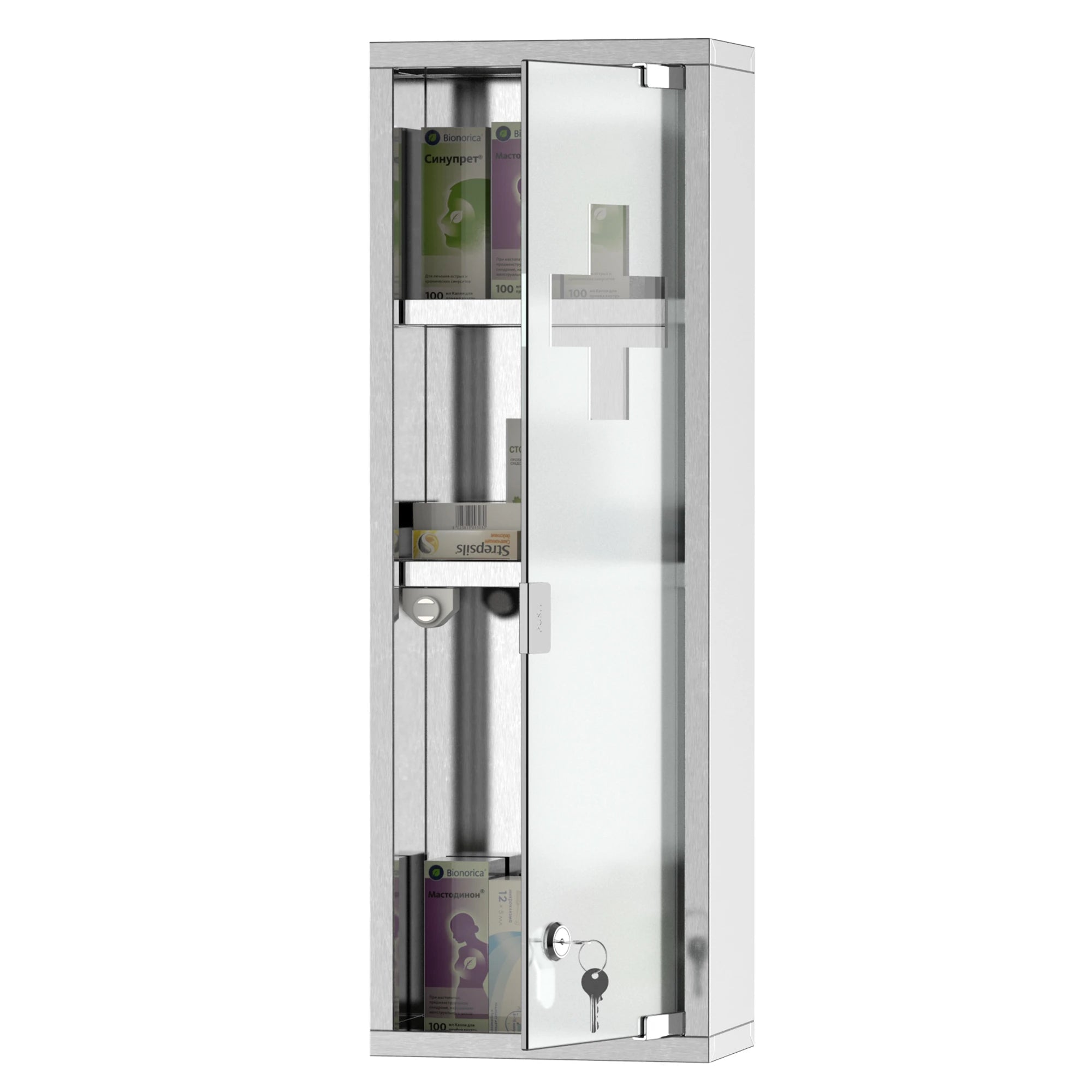 Wall Mount Medicine Cabinet, 3 Tier Shelves, Stainless Steel Frame, Glass Door, Lockable, 8
