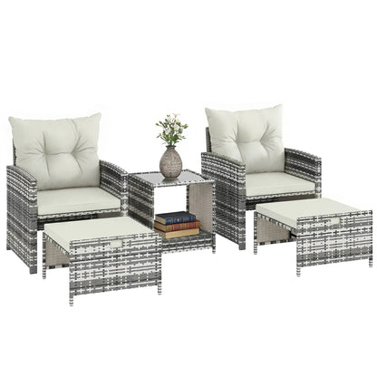 5 Piece Patio Furniture Set, Wicker Chairs With Ottomans, 2-Tier Glass Coffee Table, Grey/Cream White Patio Furniture Sets at Gallery Canada