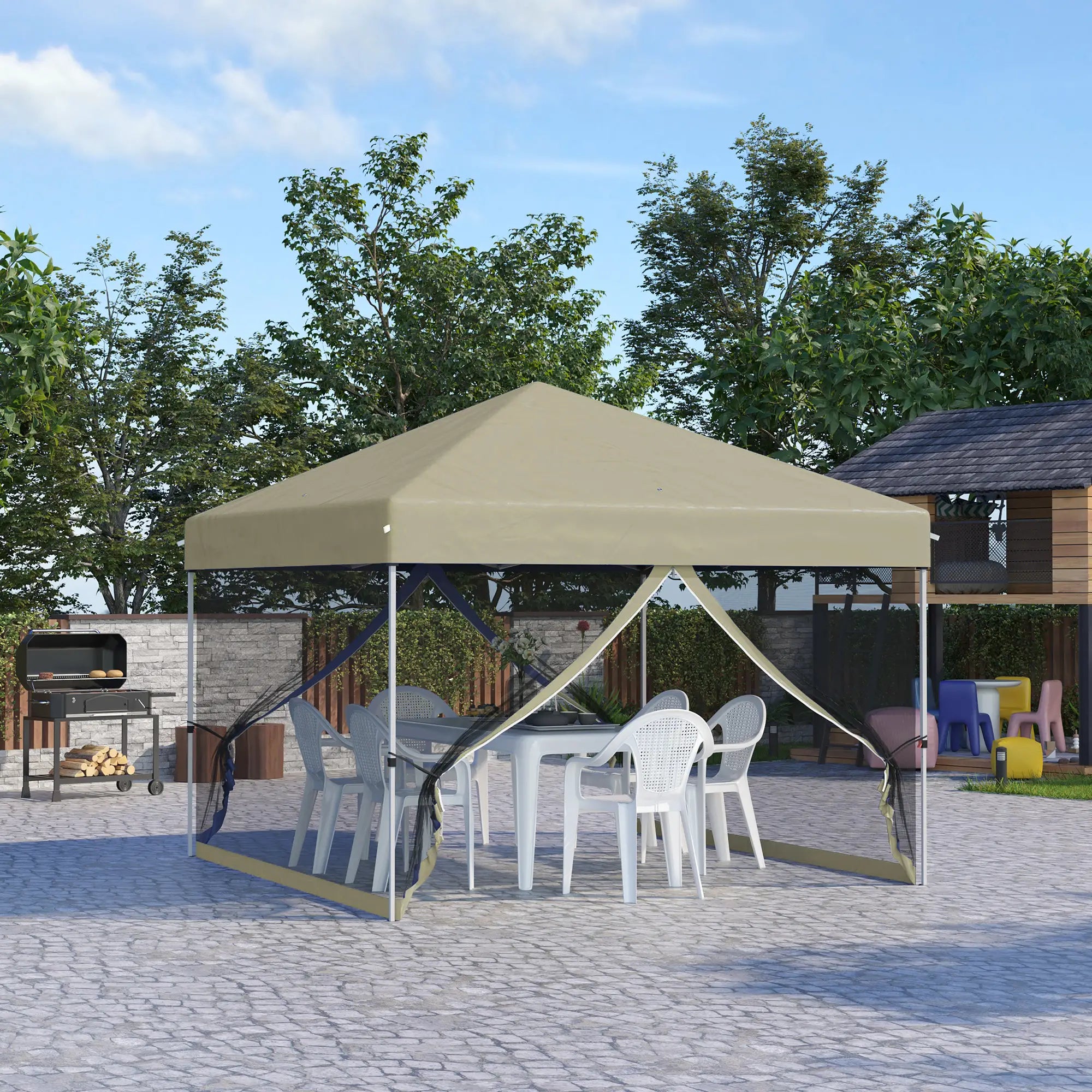 10' x 10' Pop-Up Canopy Tent, Mesh Sidewalls, Adjustable Height, Beige Pop Up Canopies at Gallery Canada