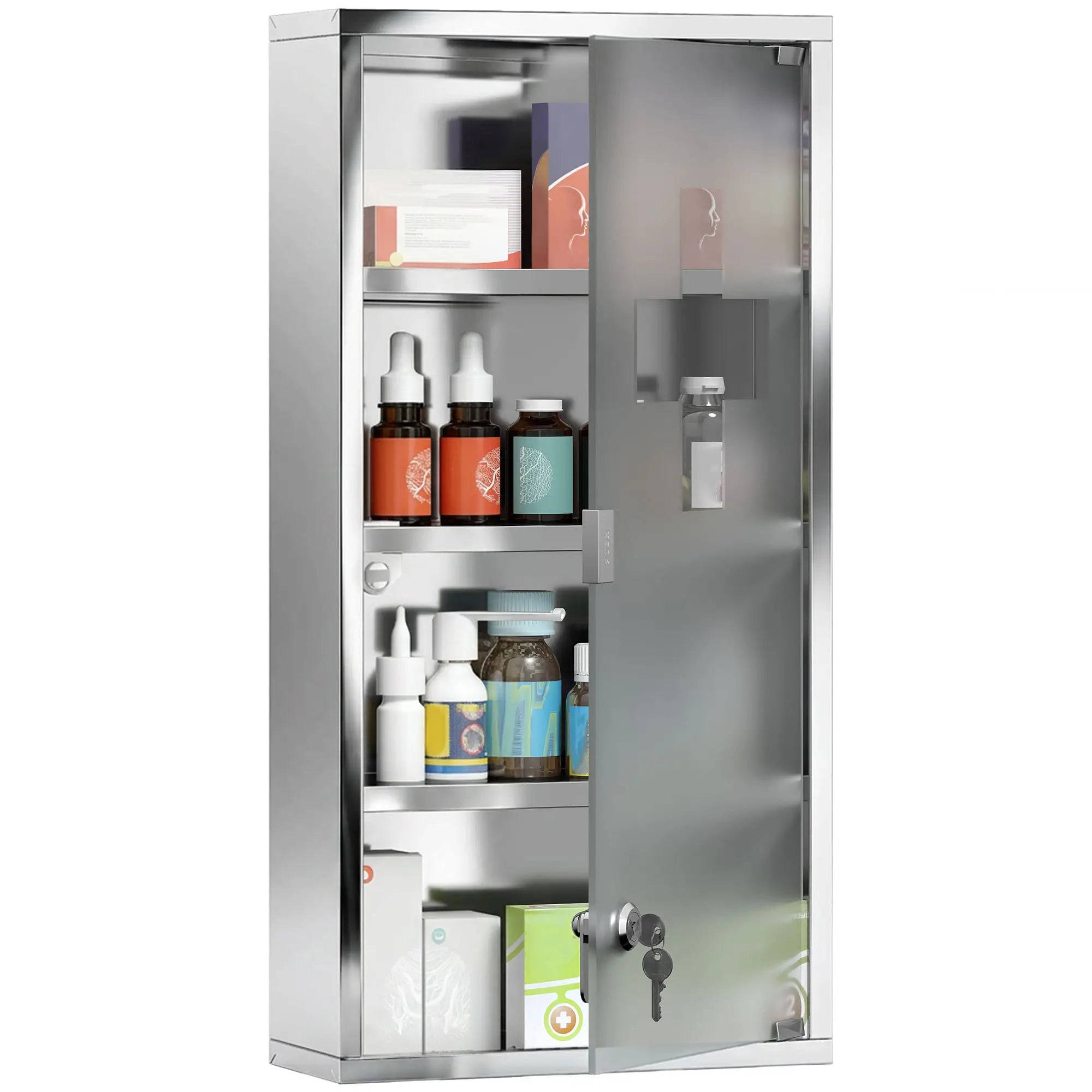 Wall Mount Medicine Cabinet, 4 Tier Shelves, Stainless Steel Frame, Glass Door, Lockable, 12