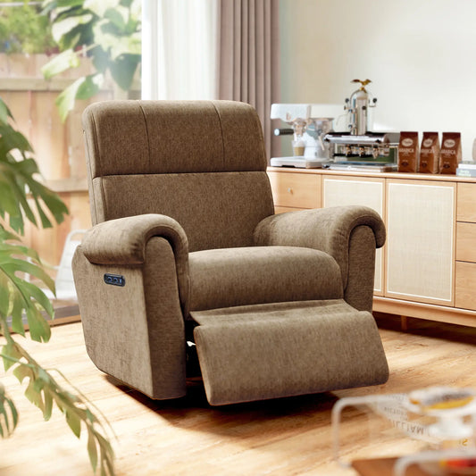 Power Recliner Chair, Fabric Upholstered, USB Ports, Swivel Rocking, Footrest Sofas & Reclining Chairs Dark Brown at Gallery Canada