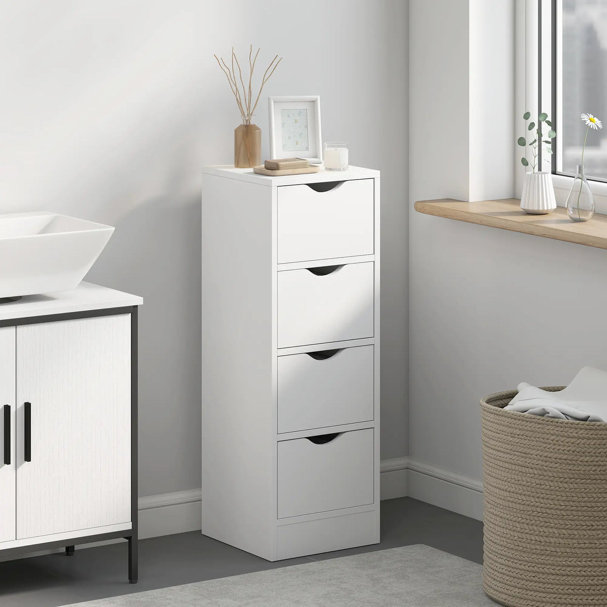 4-Drawer Bathroom Cabinet, Freestanding Narrow Storage, White Bathroom Cabinets at Gallery Canada
