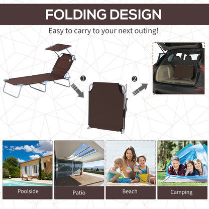 Adjustable Folding Chaise Lounge, Outdoor Tanning Chair with Sun Shade, Brown Lounger Chairs at Gallery Canada