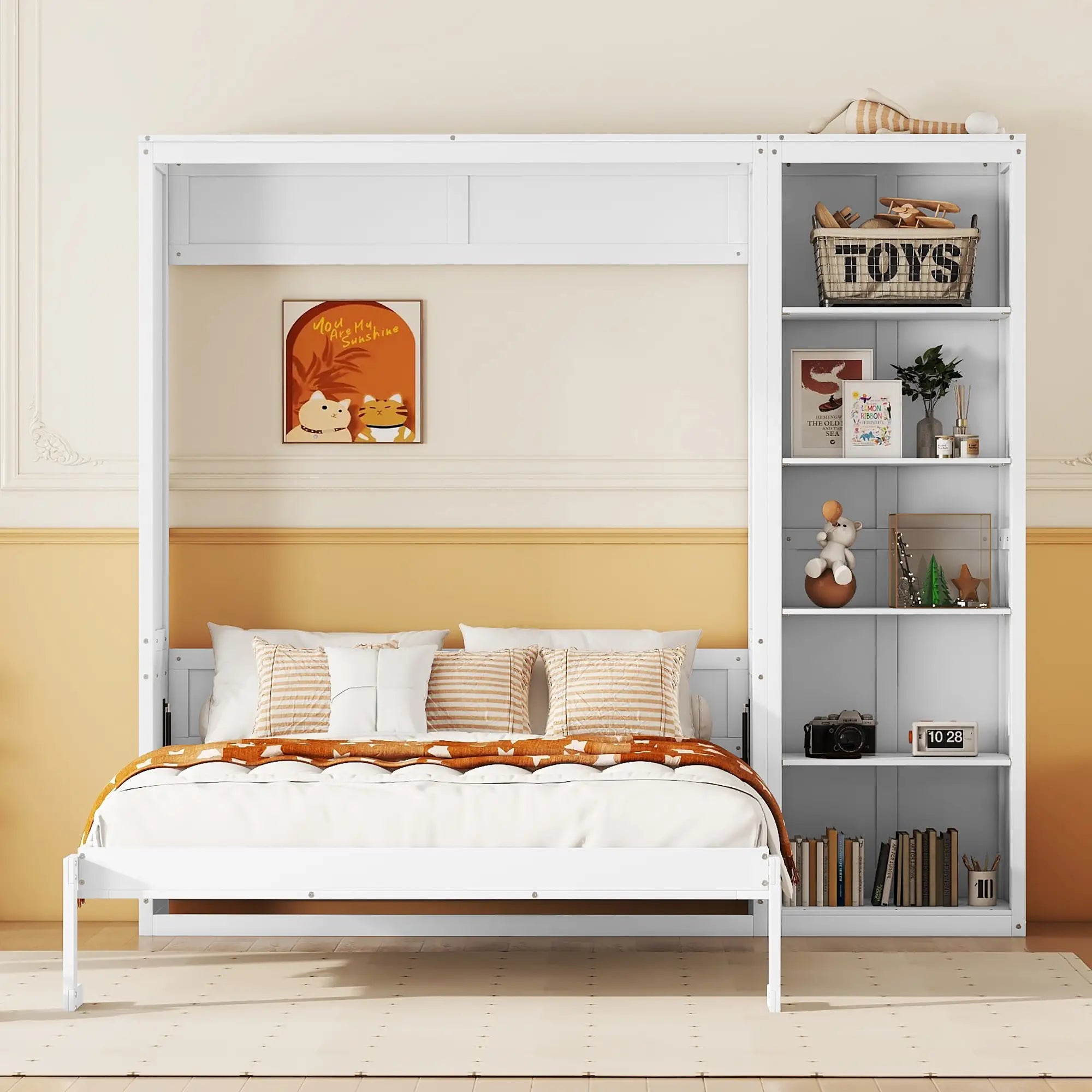 Murphy Bed with Storage Shelves, Space-Saving Wall Bed, 87.5