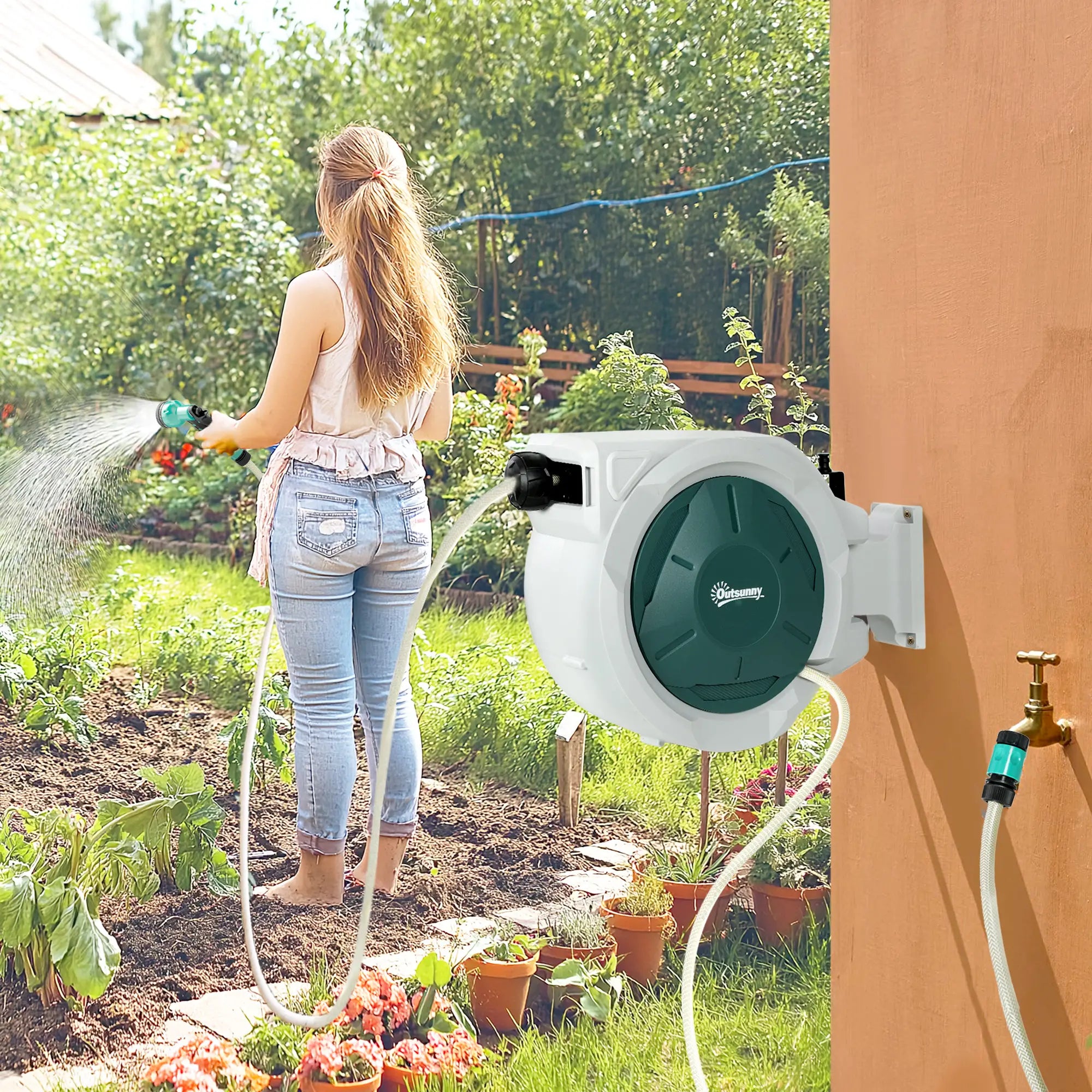 1/2 in x 65ft Wall Mounted Garden Hose Reel, Retractable Auto Rewind, Green Garden Accessories at Gallery Canada
