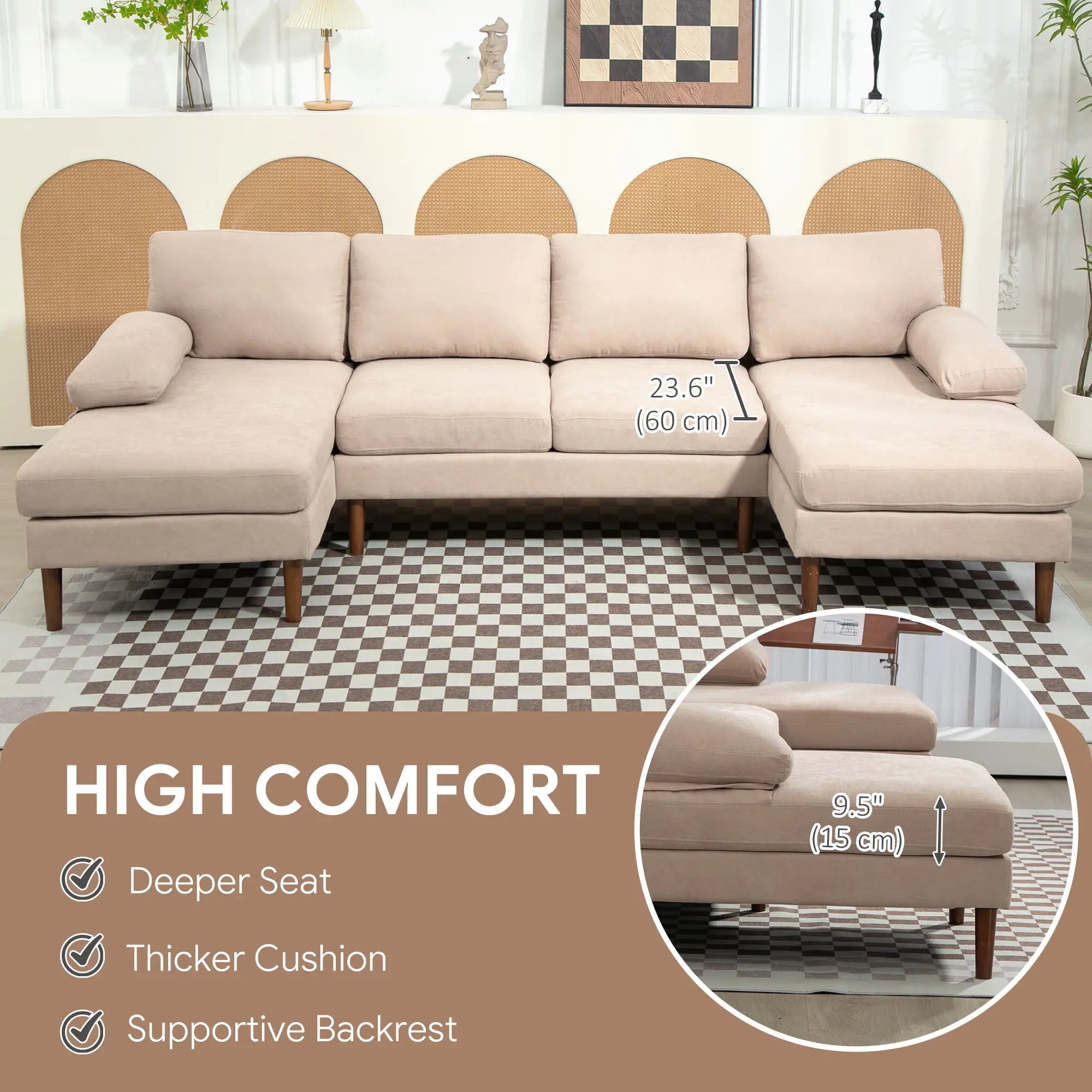 U Shape Couch, Double Chaise Lounge, 4 Seater Sofa, Wooden Legs, Beige Sofas & Reclining Chairs at Gallery Canada