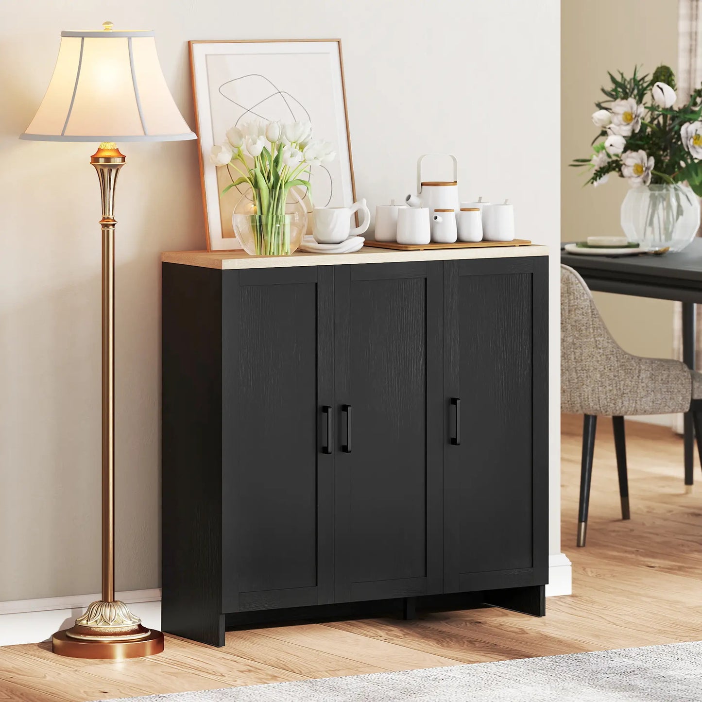 Modern Sideboard Buffet Cabinet, 3 Doors Adjustable Shelves, Black Kitchen Pantry Cabinets at Gallery Canada