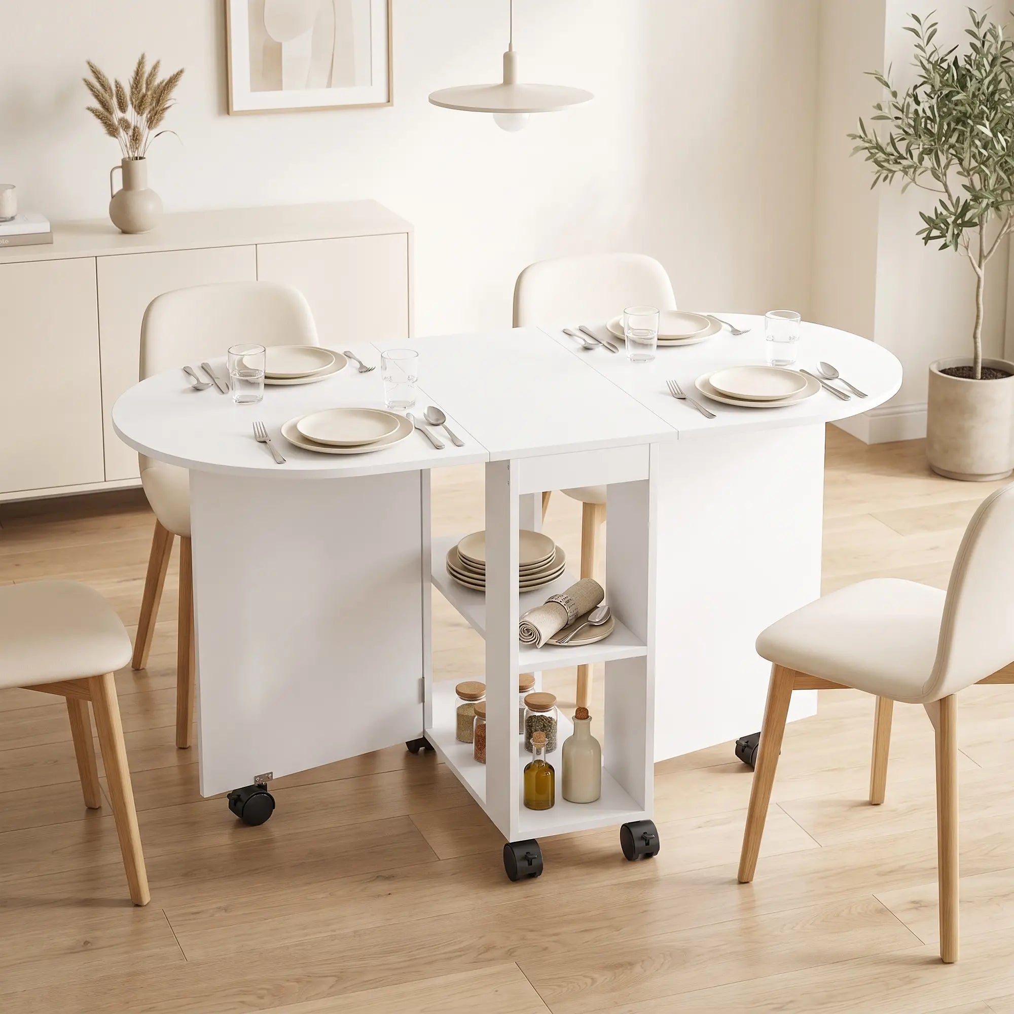 Folding Dining Table, Drop Leaf, 2 Shelves, 120cm, White Dining Tables at Gallery Canada