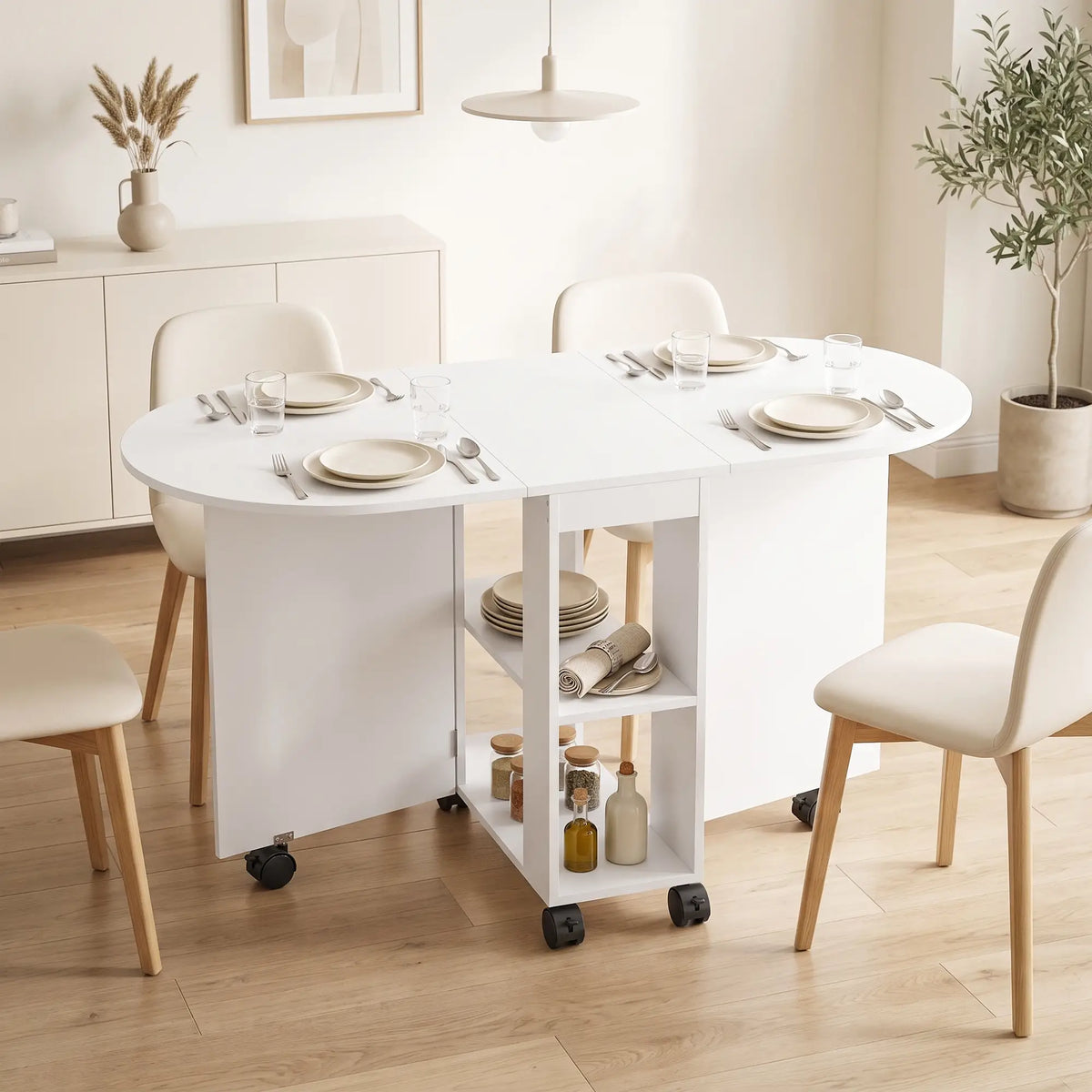 Folding Dining Table, Drop Leaf, 2 Shelves, 120cm, White Dining Tables at Gallery Canada