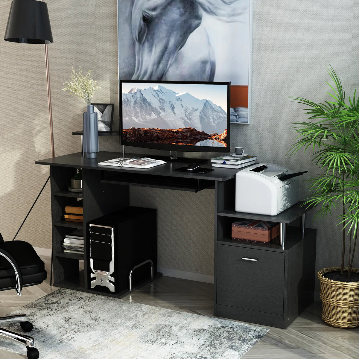 Wood Computer Desk With Storage Shelf, Black Computer Desks at Gallery Canada