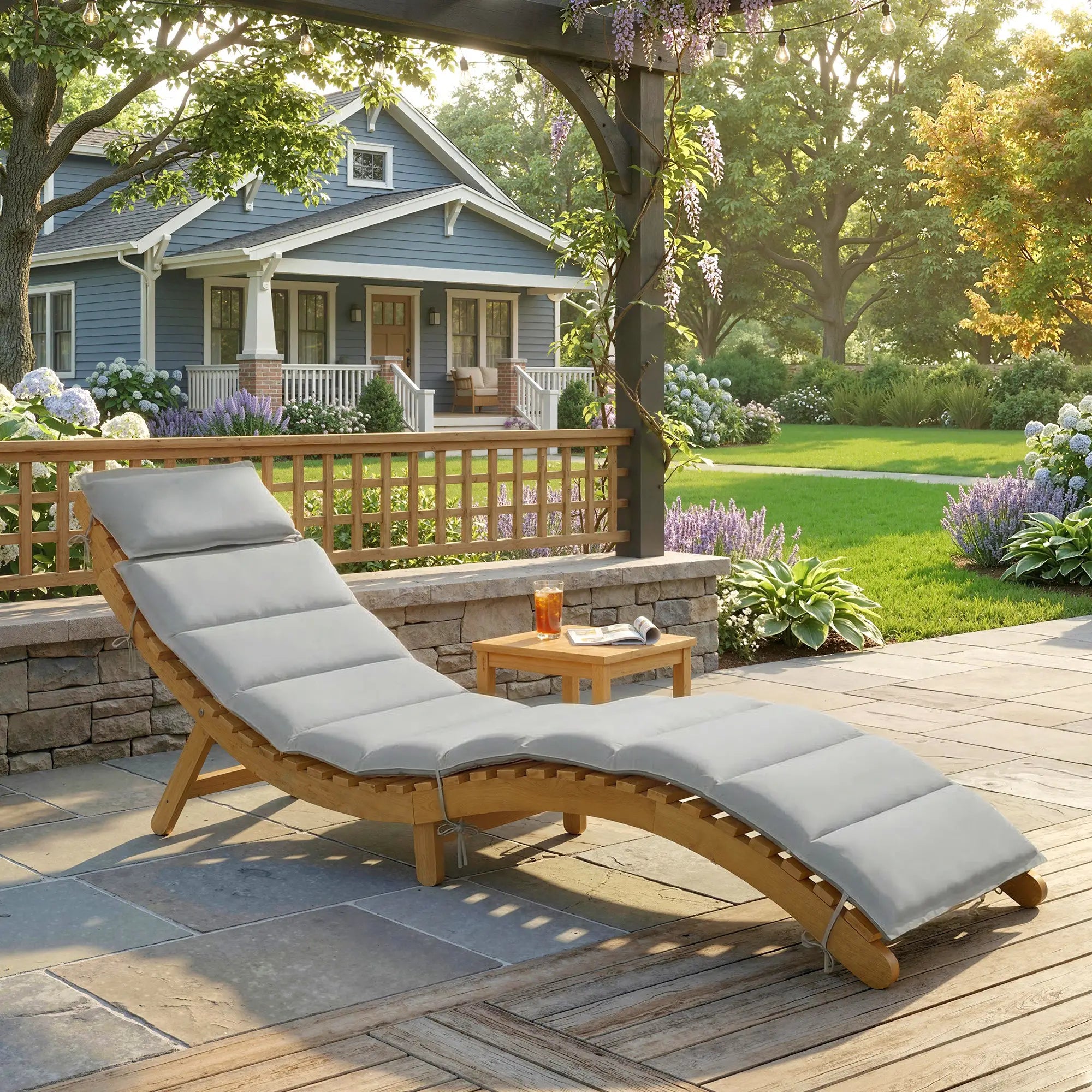 Folding Acacia Wood Chaise Lounge Chair with Cushion, Light Grey Lounger Chairs at Gallery Canada