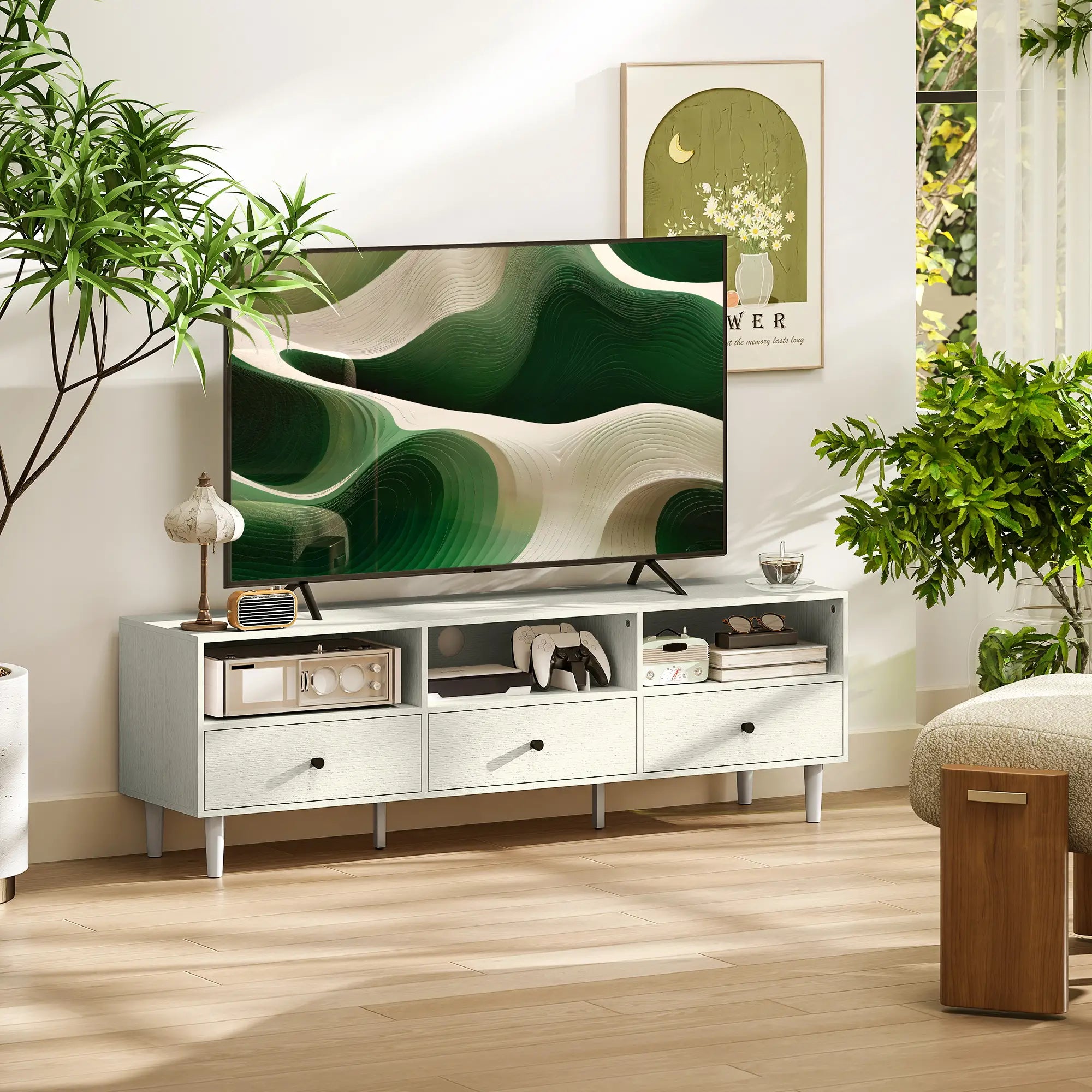 TV Stand for 75 Inches, 3 Storage Shelves, 3 Drawers, White TV Stands at Gallery Canada