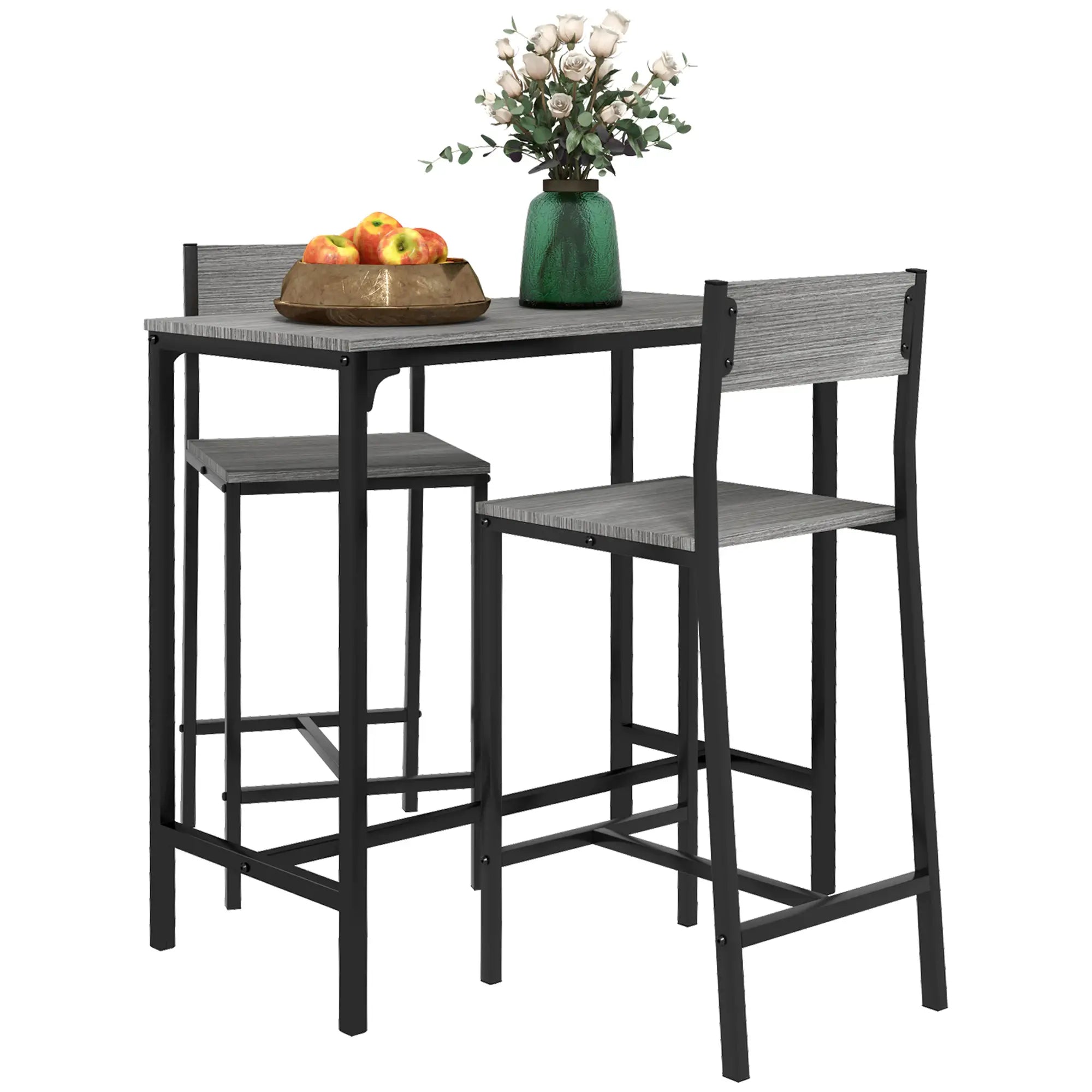 Industrial Bar Table Set, 3 Piece Counter Height, 2 High Back Stools, Grey Bar Sets Grey at Gallery Canada