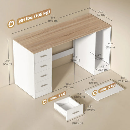 55 Inch Office Desk, White Wood Grain, 4 Reversible Drawers, Adjustable Shelf, White Computer Desks at Gallery Canada
