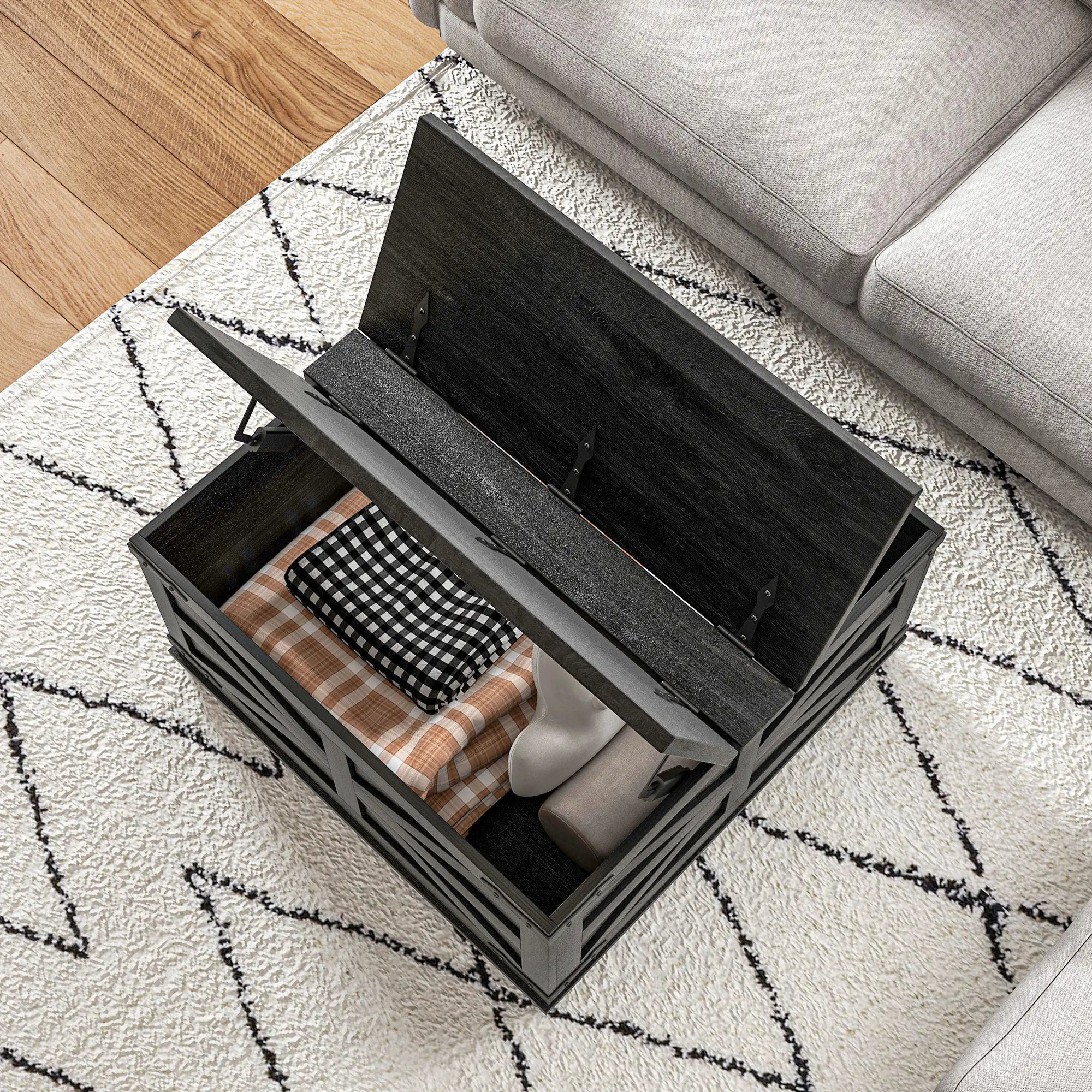 Farmhouse Coffee Table, Square Flip-Top Lid, Hidden Storage, Black Coffee Tables at Gallery Canada