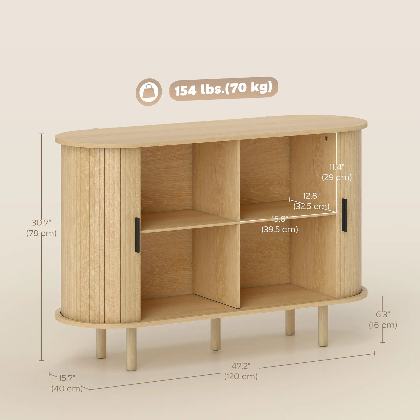 47" Buffet Cabinet, Fluted Sideboard with Sliding Doors, Oak, Oak Storage Cabinets at Gallery Canada