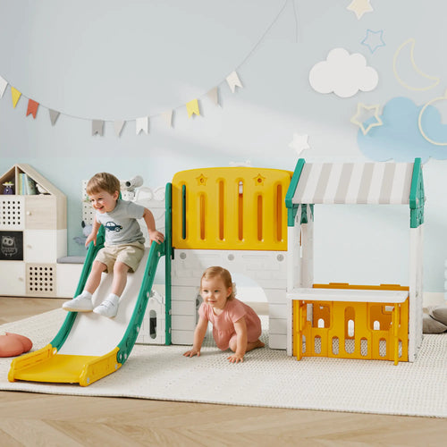 7-in-1 Toddler Slide Climber, Playhouse Basketball Hoop, Yellow