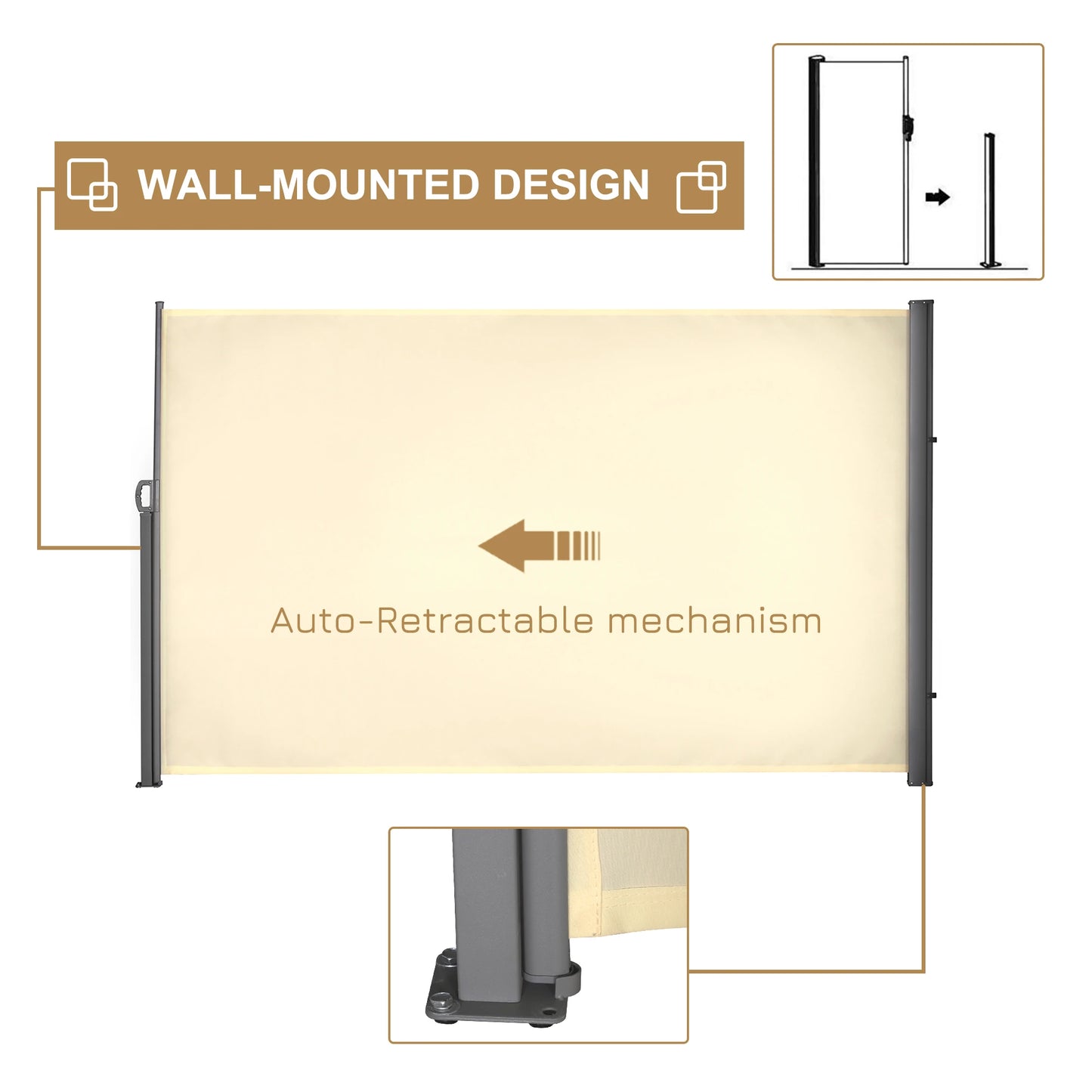 118" x 71" Outdoor Folding Privacy Screen, Retractable Side Awning, UV Wind Resistant, Cream White Side Awnings at Gallery Canada