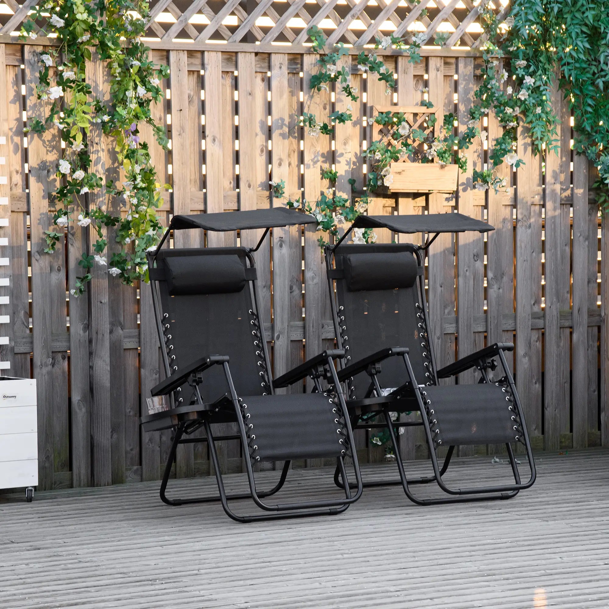 2 Piece Foldable Lounge Chair with Canopy Shade, Outdoor Zero Gravity Chair w/ Side Tray &; Cup Holder, Reclining Lounger w/ Breathable Mesh Fabric Seat, Pillow, Black Lounger Chairs at Gallery Canada