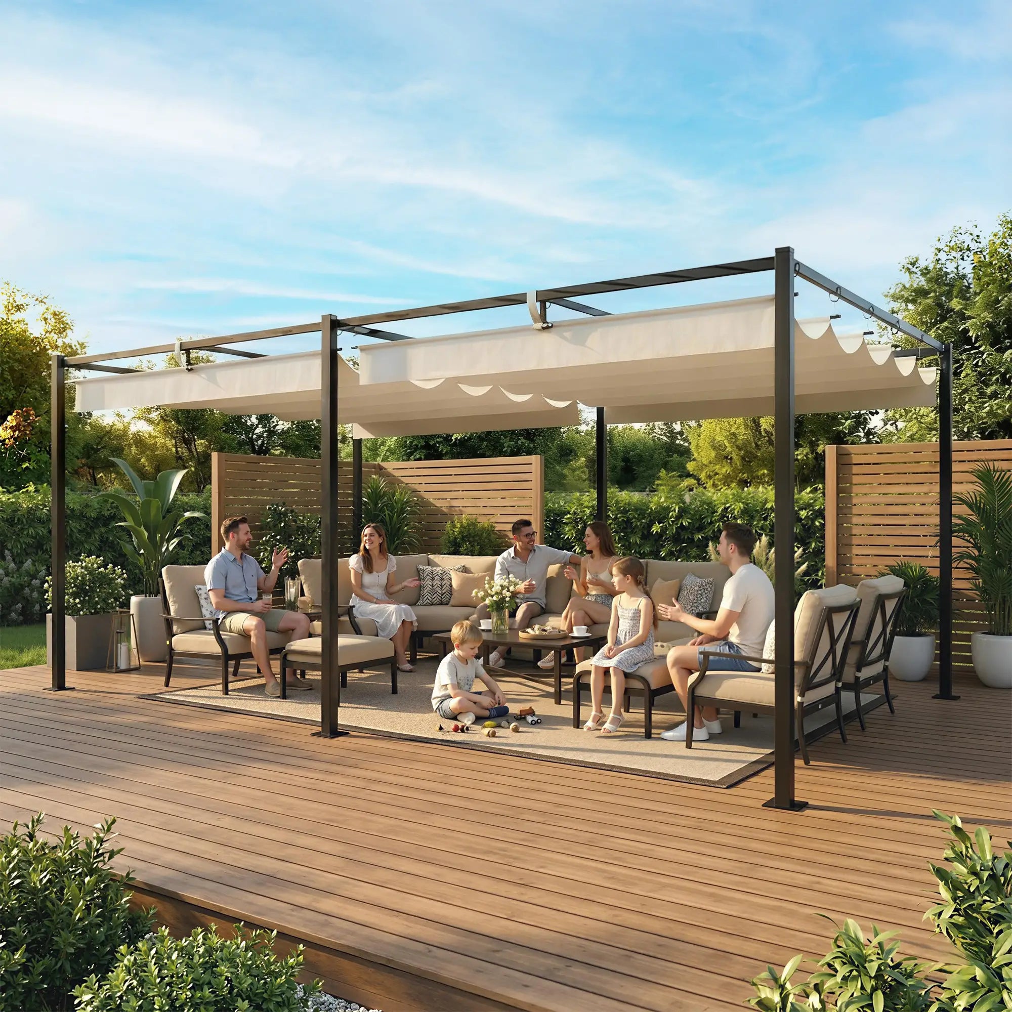 19' x 10' Pergola, Retractable Canopy, UV50+, Cream Pergolas at Gallery Canada