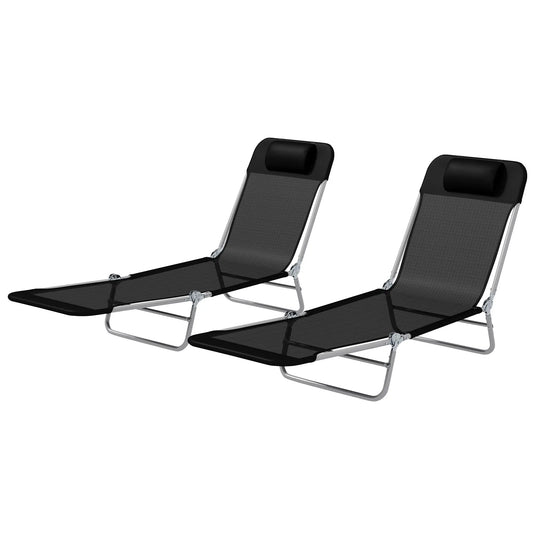 Folding Outdoor Lounge Chair Set, 2 Reclining Tanning Chairs, 5-Position Adjustable Backrest, Black