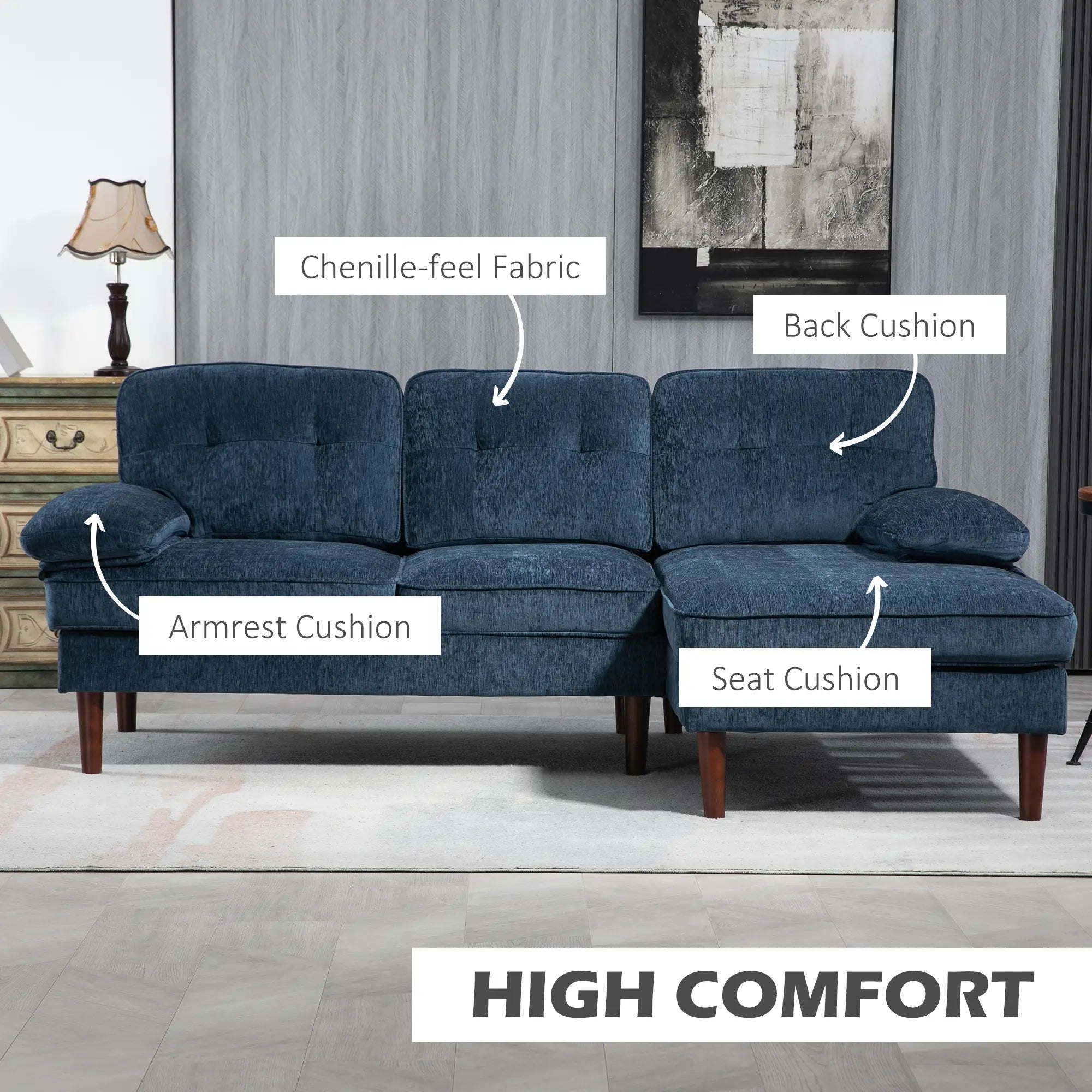 Modern Corner Couch, Right Chaise Lounge, Tufted 3-Seater Sofa, Wooden Legs, Navy Blue 3-Seater Sofas at Gallery Canada