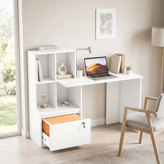 Computer Desk With Bookshelf And File Drawer, White Wood Grain, white Computer Desks White Wood Grain at Gallery Canada