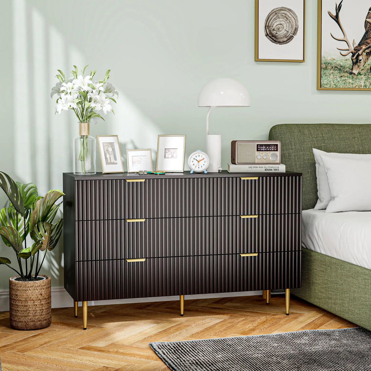 Modern 6 Drawer Dresser, with Gold Legs, Bedroom Chest, Black Storage Cabinets at Gallery Canada