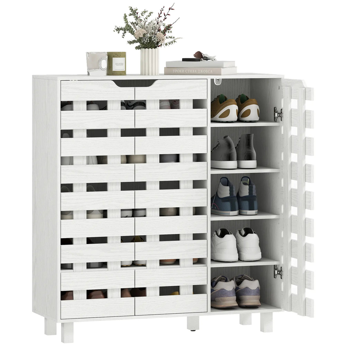 Shoe Cabinet, 21 Pair Storage with Hollowed-Out Doors, White Shoe Storage Cabinets & Racks White at Gallery Canada