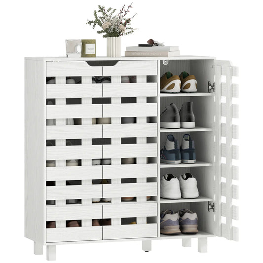 Shoe Cabinet, 21 Pair Storage with Hollowed-Out Doors, White Shoe Storage Cabinets & Racks White at Gallery Canada