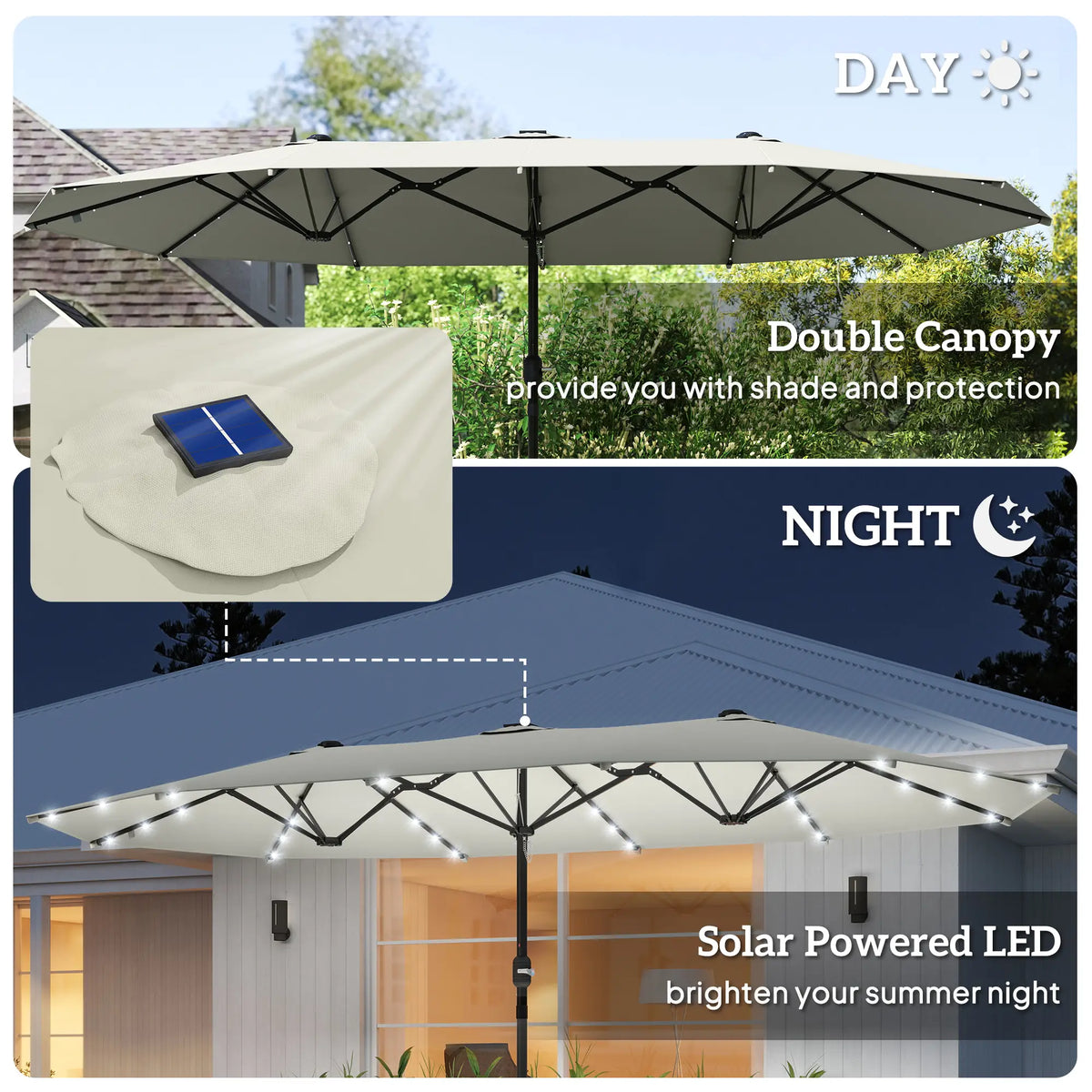 173" Double-Sided Sun Umbrella, Garden Parasol, Solar LED Light, Cream White Double-sided Umbrellas at Gallery Canada