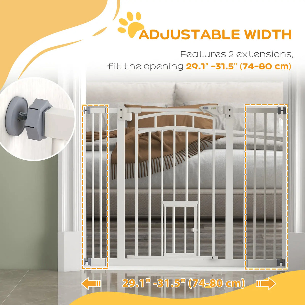Auto-Close Pet Gate With Cat Door, Double Locking, Fits 29"-39.4" Wide, White Houses, Kennels & Pens at Gallery Canada