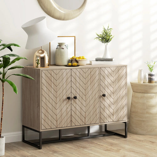 Modern Sideboard, Adjustable Shelves, 3 Chevron Doors, Oak Wood Grain