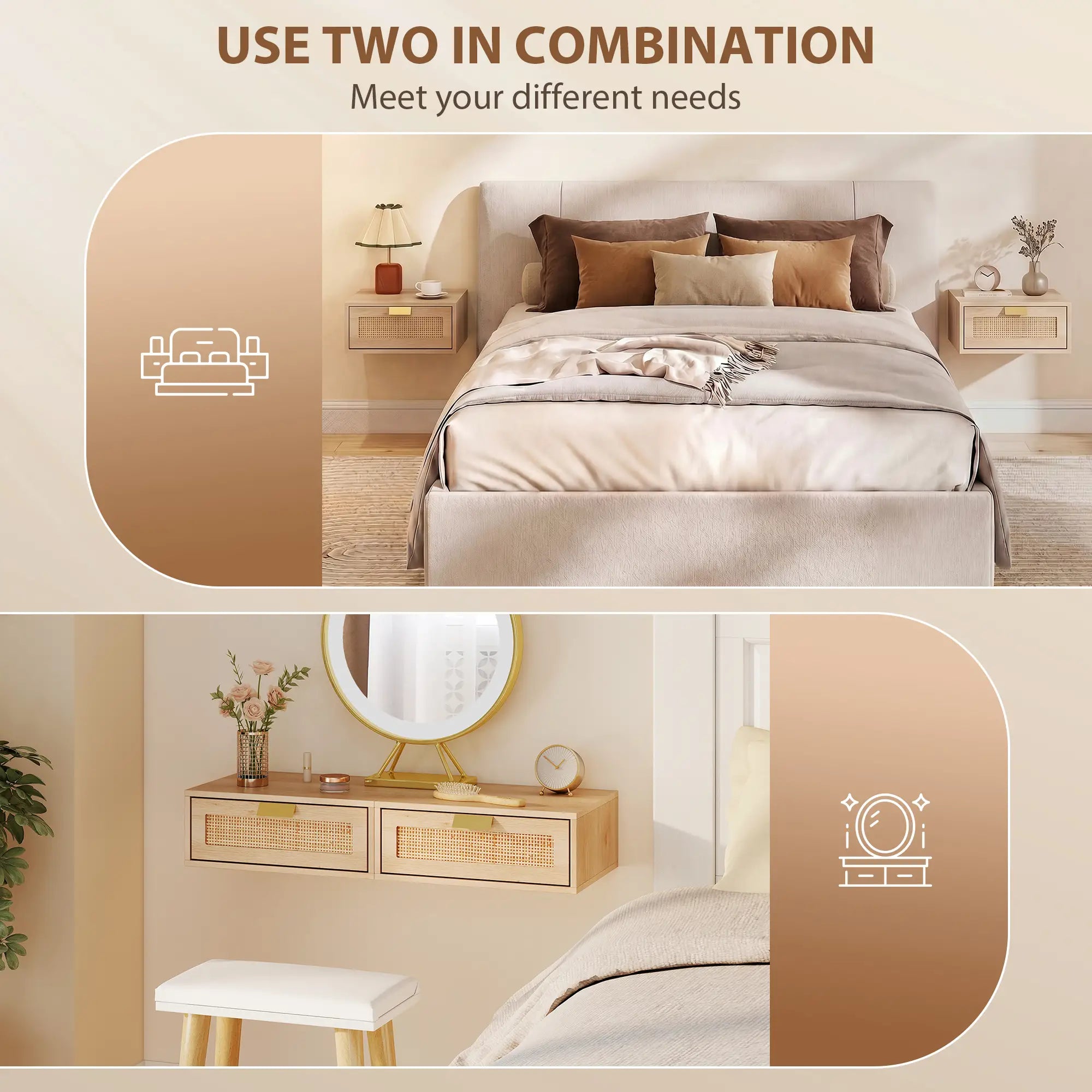 Floating Bedside Tables Set Of 2, Wall Mounted Nightstands, Rattan Drawer, Wood Effect, Oak Bedside Tables at Gallery Canada