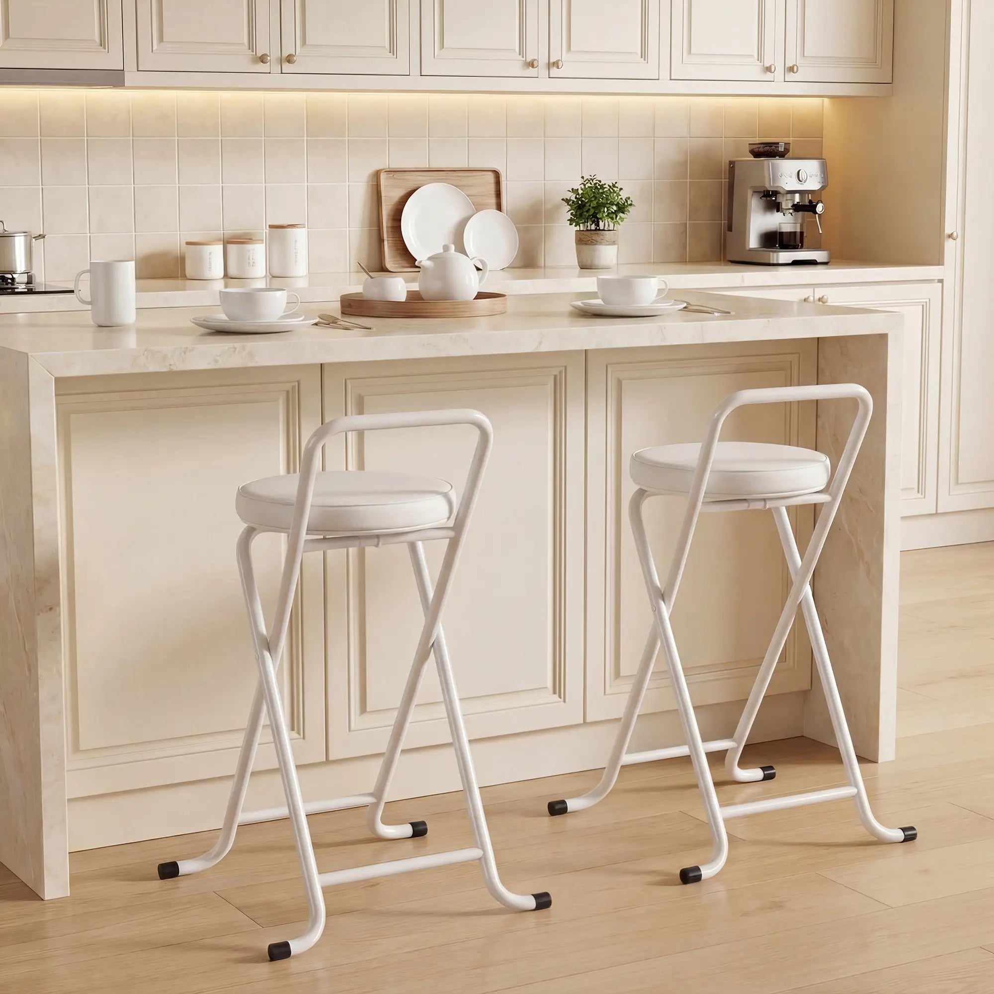 Foldable Bar Stools Set Of 2, PU Cushioned Seat With Footrest, White Bar Stools at Gallery Canada