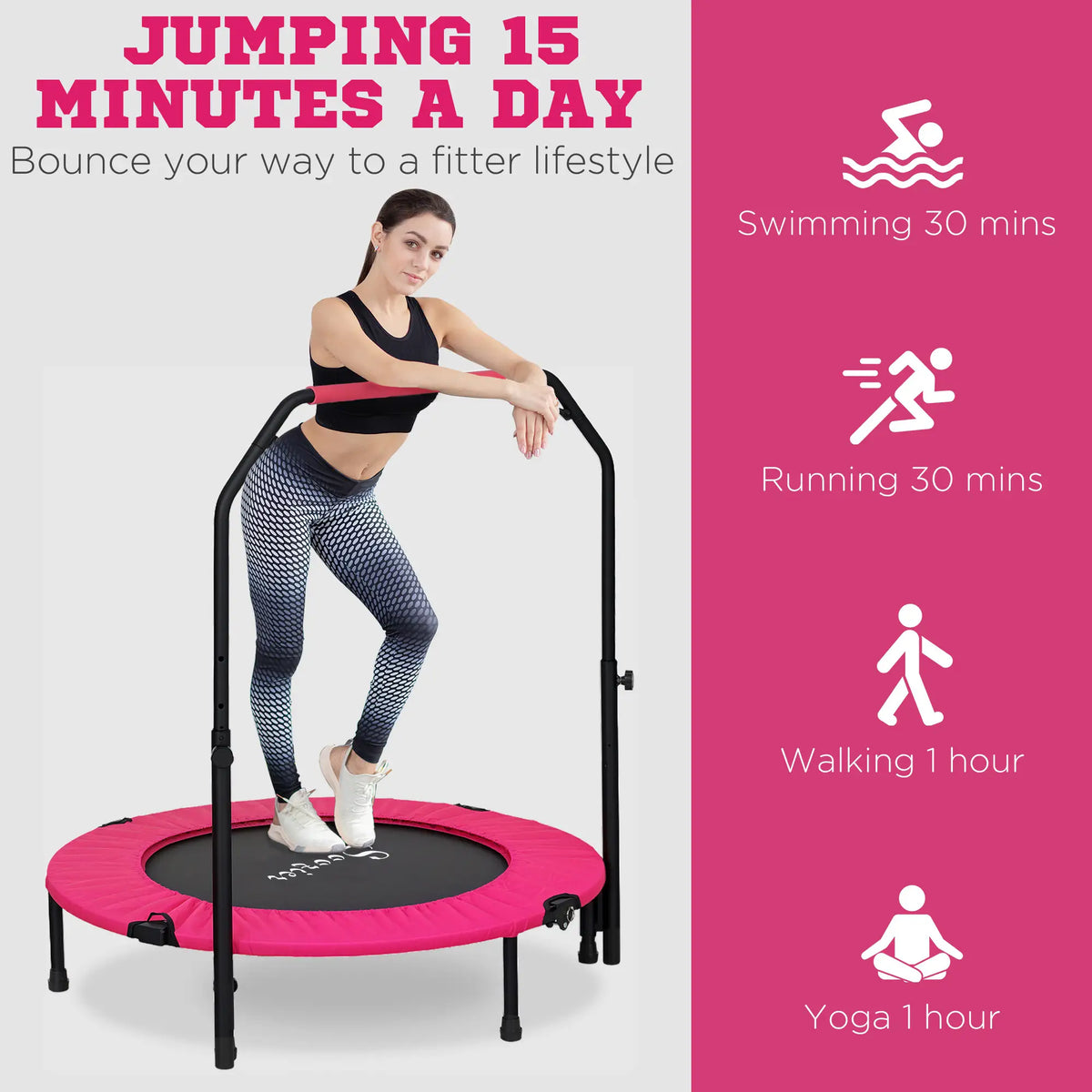 40" Foldable Mini Fitness Trampoline, Adjustable Foam Handle, Pink Trampolines at Gallery Canada