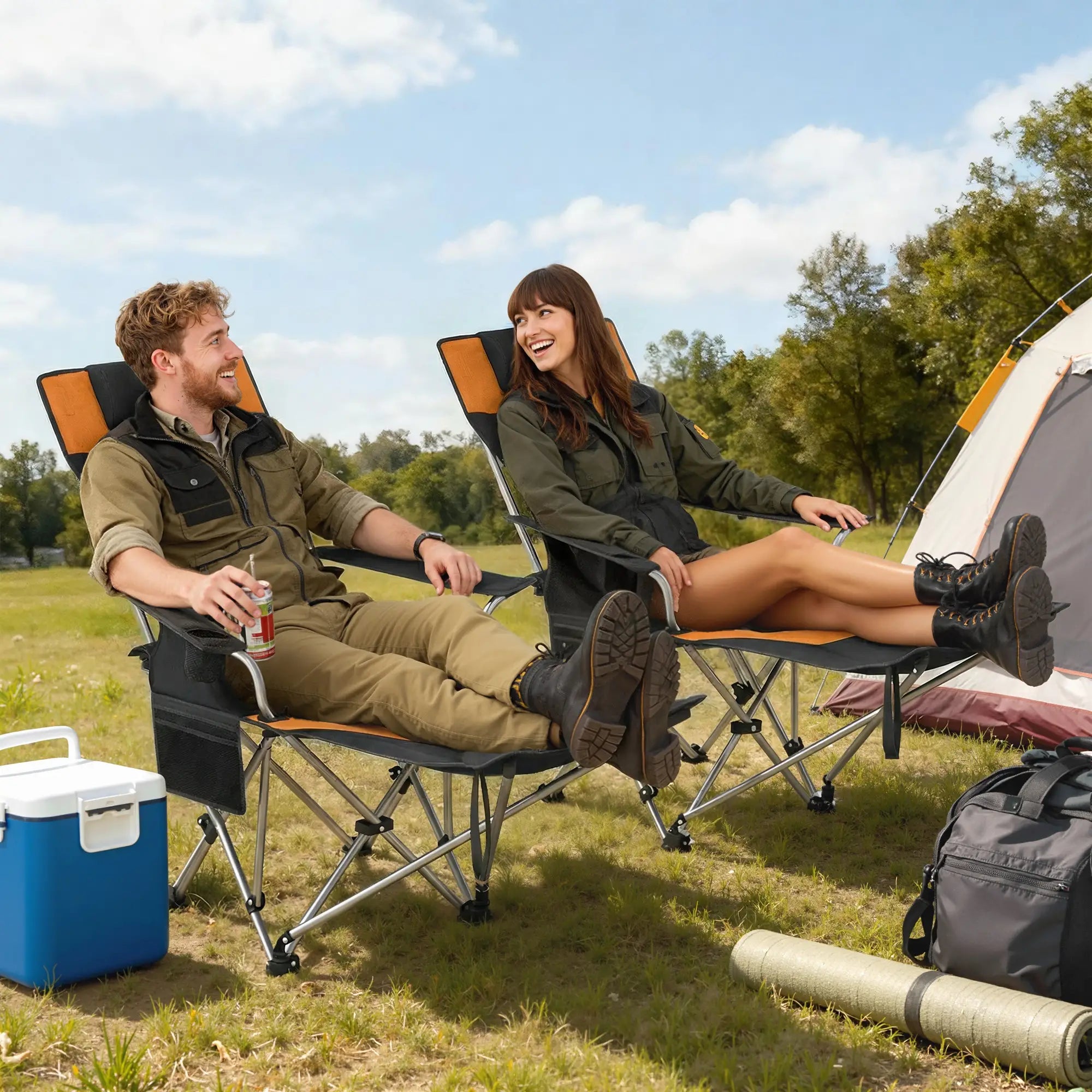 Reclining Camping Chair Set With Foot Rest, Headrest, Cup Holder, Storage Bag, Orange Picnic Tables & Camping Chairs at Gallery Canada
