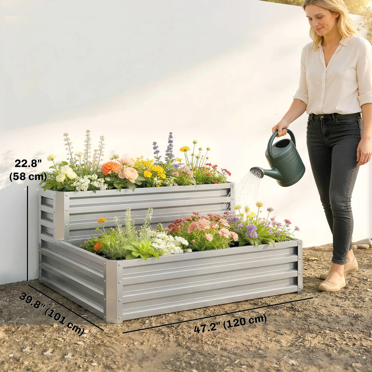 2 Tier Galvanized Raised Garden Bed, Steel Planter Box, 47" x 40" x 23", Silver Galvanized Planter Boxes at Gallery Canada