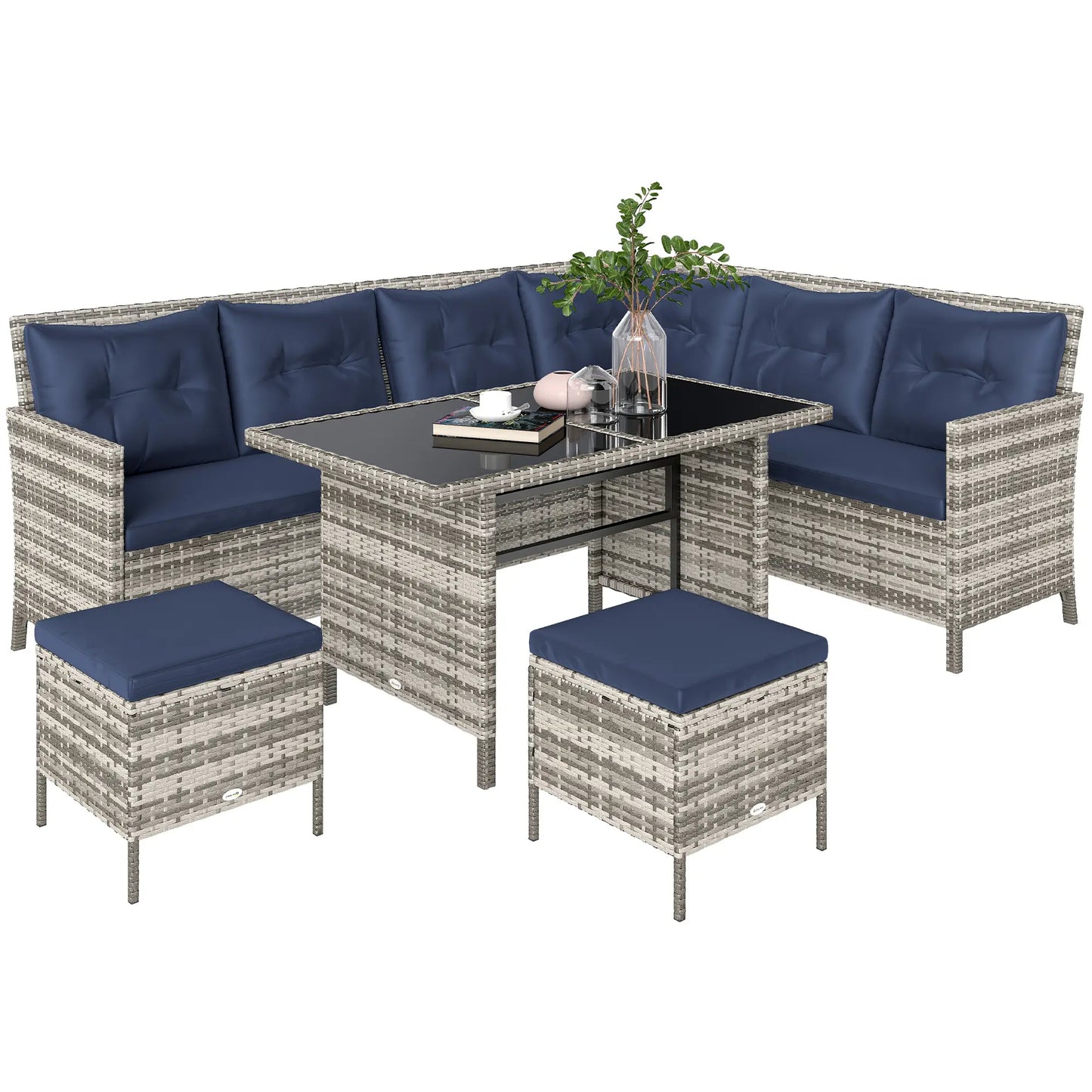 6pcs Outdoor Rattan Sofa Set, Wicker Sectional Couch, Dining Table, Sky Blue Patio Furniture Sets Mixed Grey Rattan, Dark Blue Fabric at Gallery Canada