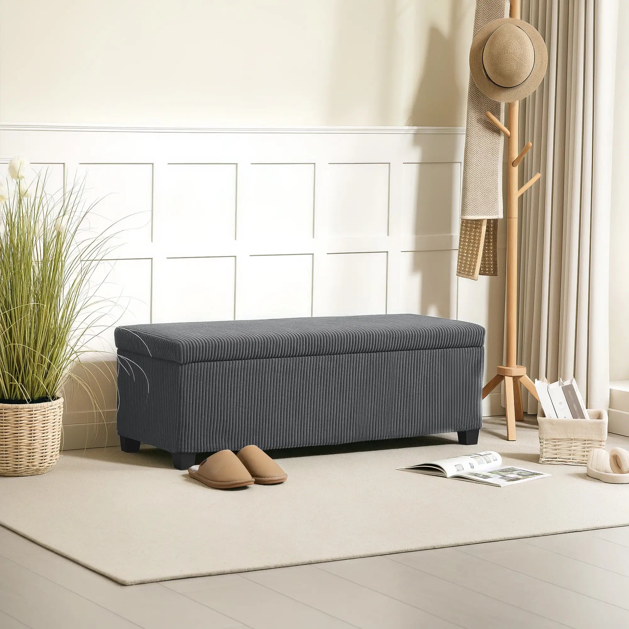 44 Inches Ottoman Storage Bench, Corduroy Lid, Grey Storage Ottomans & Benches at Gallery Canada
