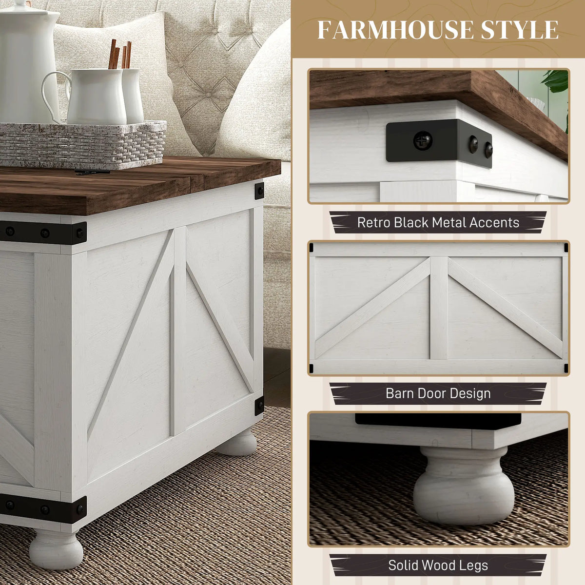 Lift Top Coffee Table, 32" Farmhouse with Hidden Compartment, Antique White, White Coffee Tables at Gallery Canada