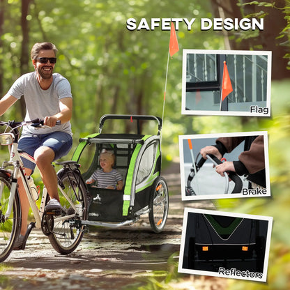 2 Seat Bike Trailer, Double Jogging Stroller, Handbrake, Rubber Wheels, Green Kids Bike Trailers at Gallery Canada