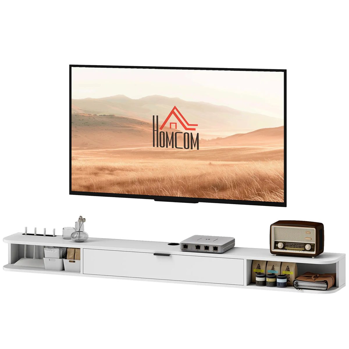 71 Inch Floating TV Stand, Wall Mounted Media Console, White TV Stands White Wood Grain at Gallery Canada